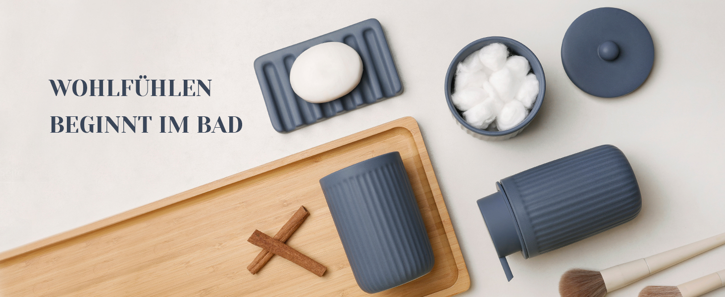 Набір для ванної кімнати блакитний, 4 шт. з кераміки: дозатор для мила 350 мл, стаканчик для зубної щітки, мильниця, контейнер для ватних паличок. Декоративний набір для раковини