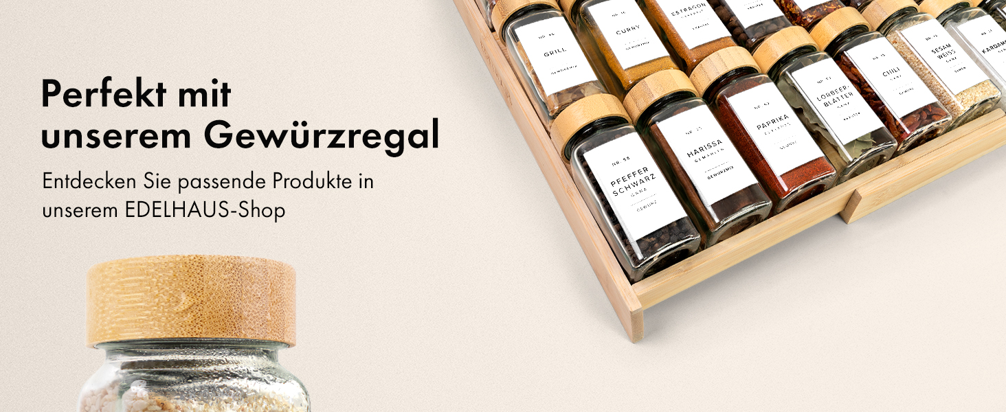 Набір скляних баночок для спецій кутовий (24 x 120 мл) з бамбуковими кришками. Включає ситечко для сипучих продуктів та 240 етикеток. Організатор спецій, 11x4,5 см.