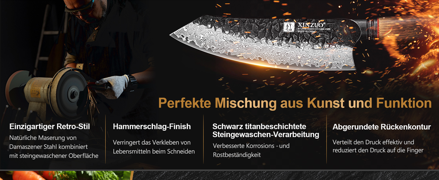 Ніж Сантоку XINZUO Damaststahl 19,3 см з нержавіючої сталі Дамаск, професійний кухонний ніж, серія Mo, ергономічна ручка з білого дуба