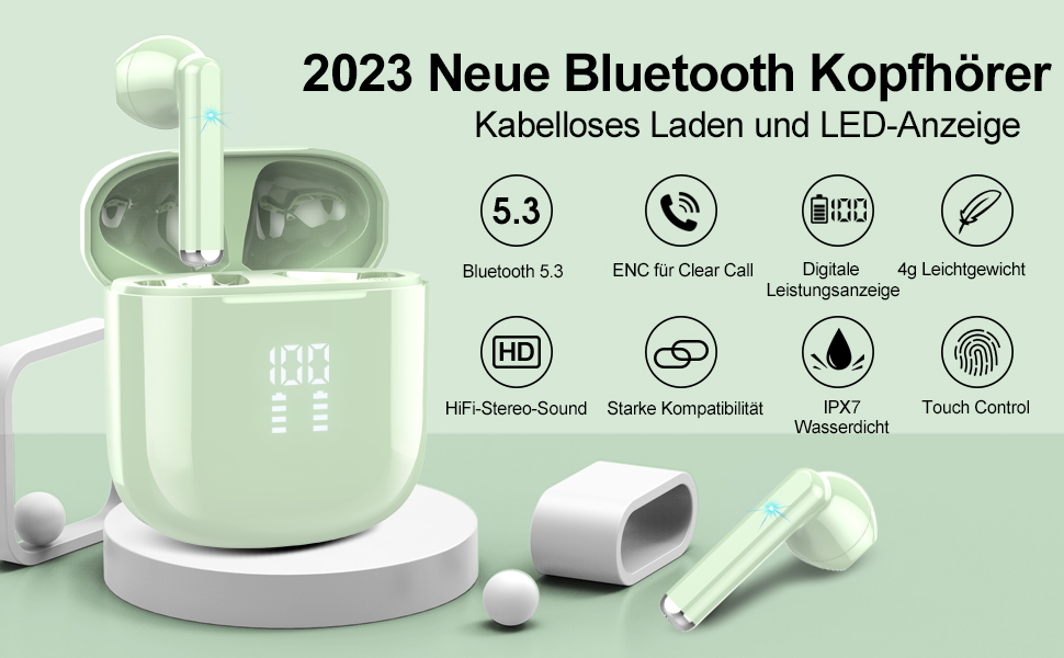 Навушники-вкладиші OYIB Bluetooth 5.3, ENC Micro, HiFi, сенсорні, світлодіодні, 25H, IPX7, зелений