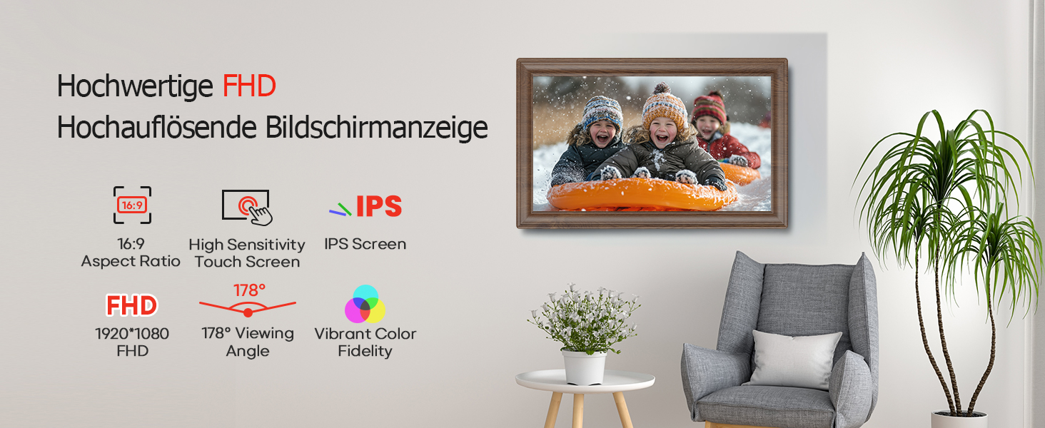 Цифровий фоторамка Frameo 10.1 дюйма з Wi-Fi, сенсорний IPS екран HD 1280*800, 32GB пам'яті, автоповорот, підтримка Frameo App для зручного обміну фото та відео, корпус з дерева (15.6 дюймів)