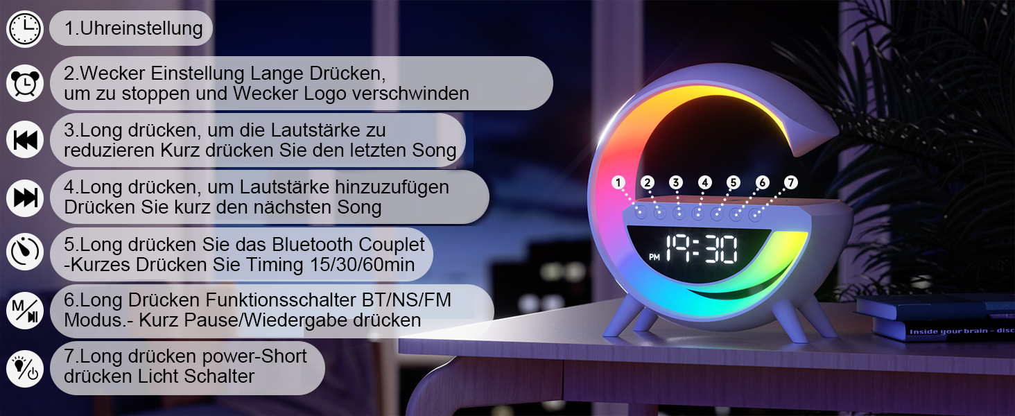 LED-лампа на тумбочку з бездроговою зарядкою 15W, Bluetooth, динамік, нічник, регулювання яскравості, для спальні