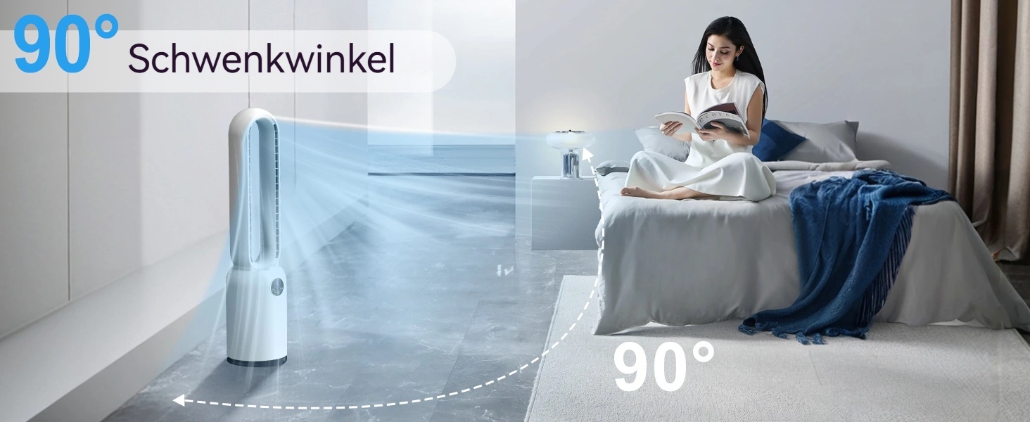 Безлопатевий вентилятор Turmventilator 88 см, з LED-дисплеєм, пультом, таймером 12 год, 90° осциляція для спальні/офісу (синій)