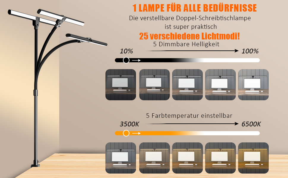LED настільна лампа LOTTBUTY з гнушим шийкою, 24W, 80см, для офісу та дому, регулювання яскравості, денне світло, чорний колір