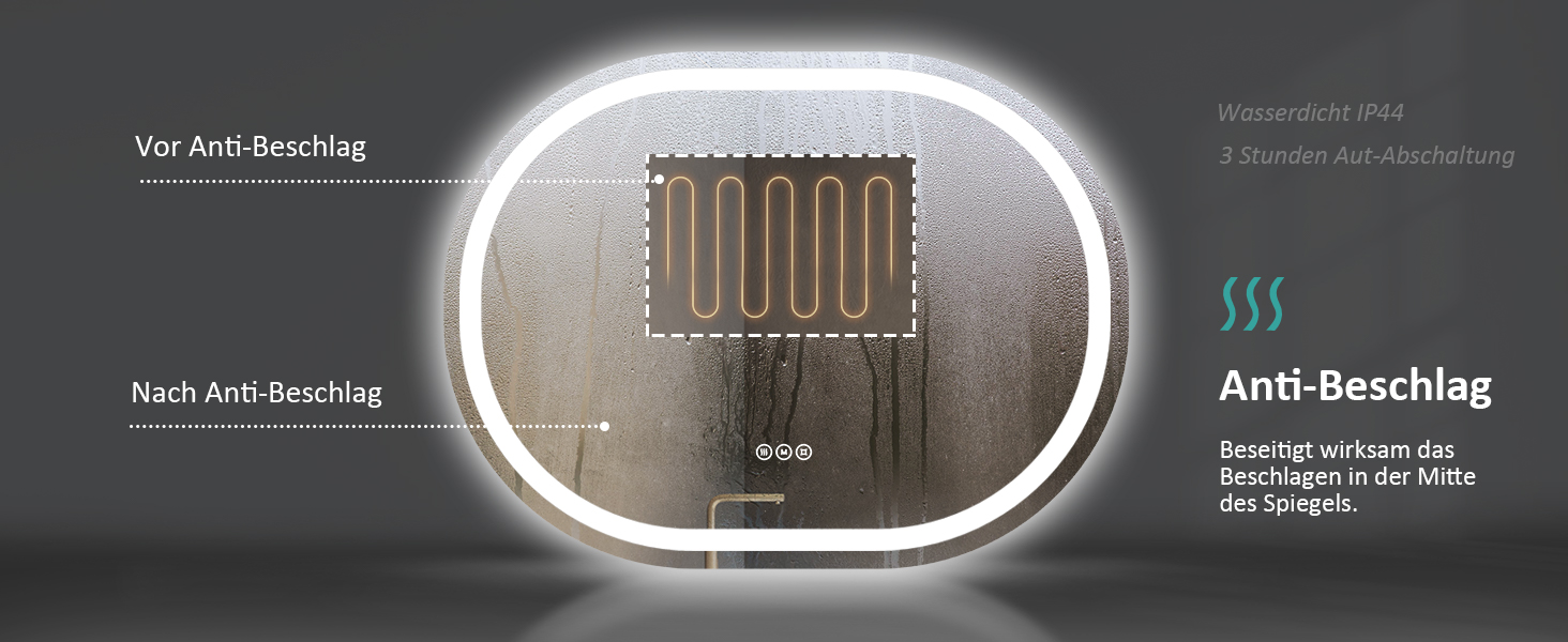 Дзеркало для ванної кімнати EMKE з підсвічуванням 80x60 см, сенсорне управління, антизапар, 3 кольори світла, регулювання яскравості, функція пам'яті, енергозберігаюче, овальне дзеркало