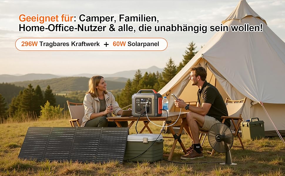 Портативна електростанція SBAOH 296Wh з LED-ліхтариком, 300W, 230V, USB, DC, для кемпінгу та подорожей (з сонячною панеллю 60W)
