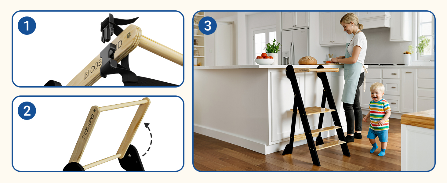 COSYAND Монтессорі стільчик-сходинка для дітей від 1 року, регульована висота, безпечний | Сходинка Монтессорі для кухні, сірий колір