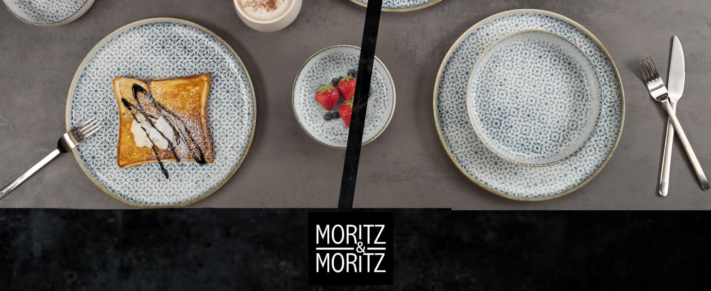 Набір посуду Moritz & Moritz ALHAMBRA на 6 осіб (18 предметів) з високоякісного порцеляну - сучасний сервіз у блакитному кольорі. Включає 6 тарілок, 6 десертних тарілок та 6 салатників. Легкий у догляді.