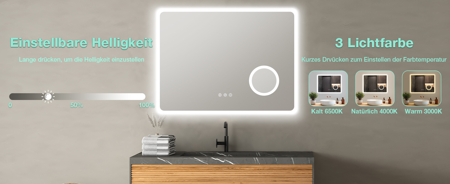 Дзеркало для ванної кімнати GIMBELEN LED з підсвічуванням 80x60 см, прямокутне, сенсорне керування, регульована яскравість, 3 кольори світла, антизапар, для вертикального/горизонтального монтажу