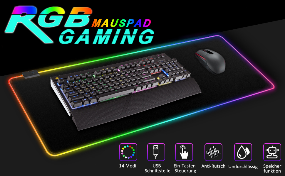 Килимок для миші ігровий RGB 900x400 мм XXL, великий, з підсвічуванням 14 режимів, 7 кольорів LED, вологостійкий, протиковзкий, для комп'ютера, ноутбука, клавіатури, професійний геймер, чорний