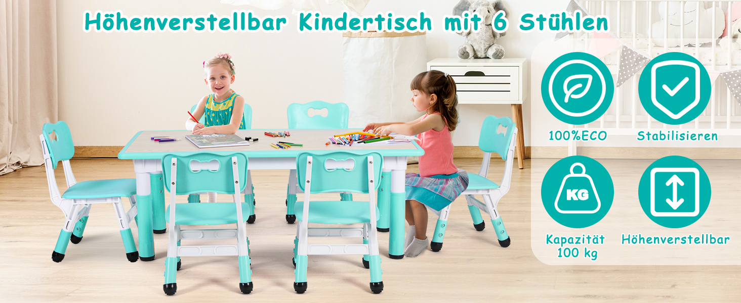 Дитячий стіл MAMIZO з 4 стільцями, регульована висота, комплект для дитячої кімнати/садка, пластикові меблі, для дітей від 2 років (60 x 60 x 120 см, м'ятний)