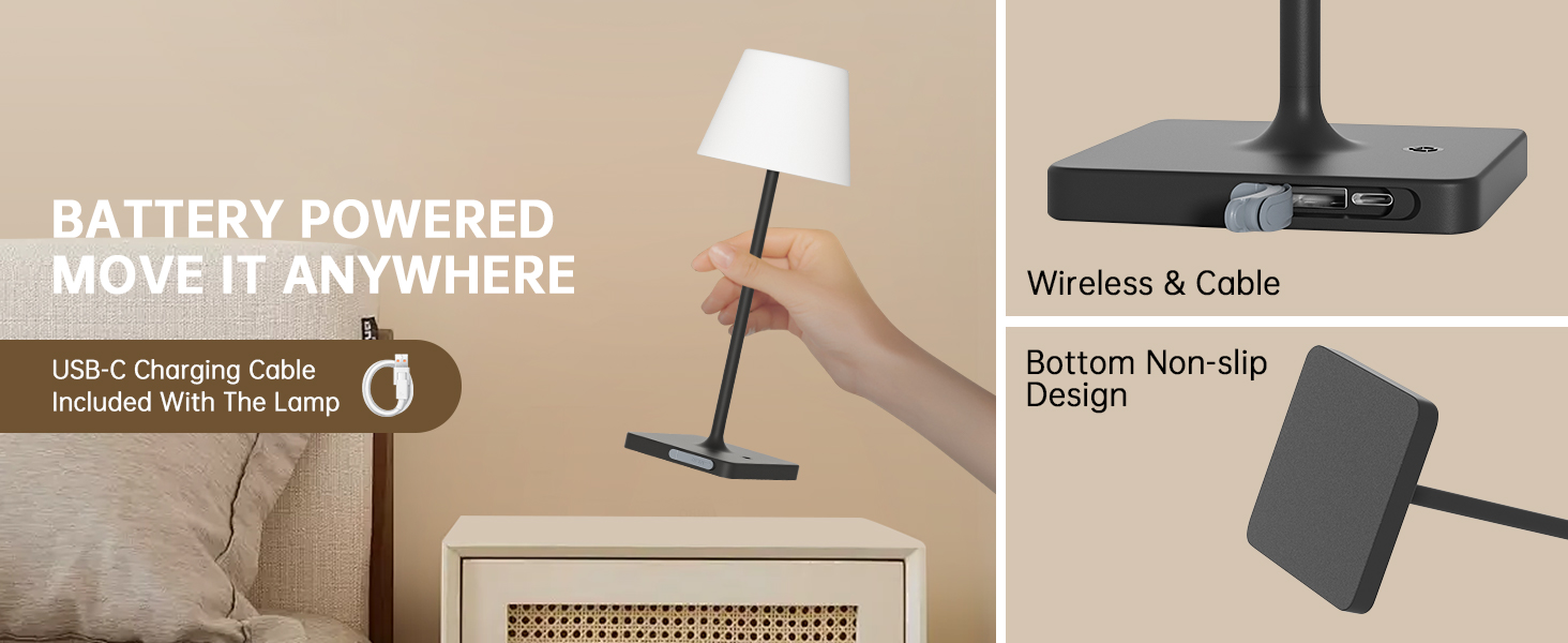 LED лампа настільна акумуляторна бездротова, диммувана, з сенсором, 4000mAh, з функцією павербанку, IP44, вологозахищена, для дому та вулиці (чорна)