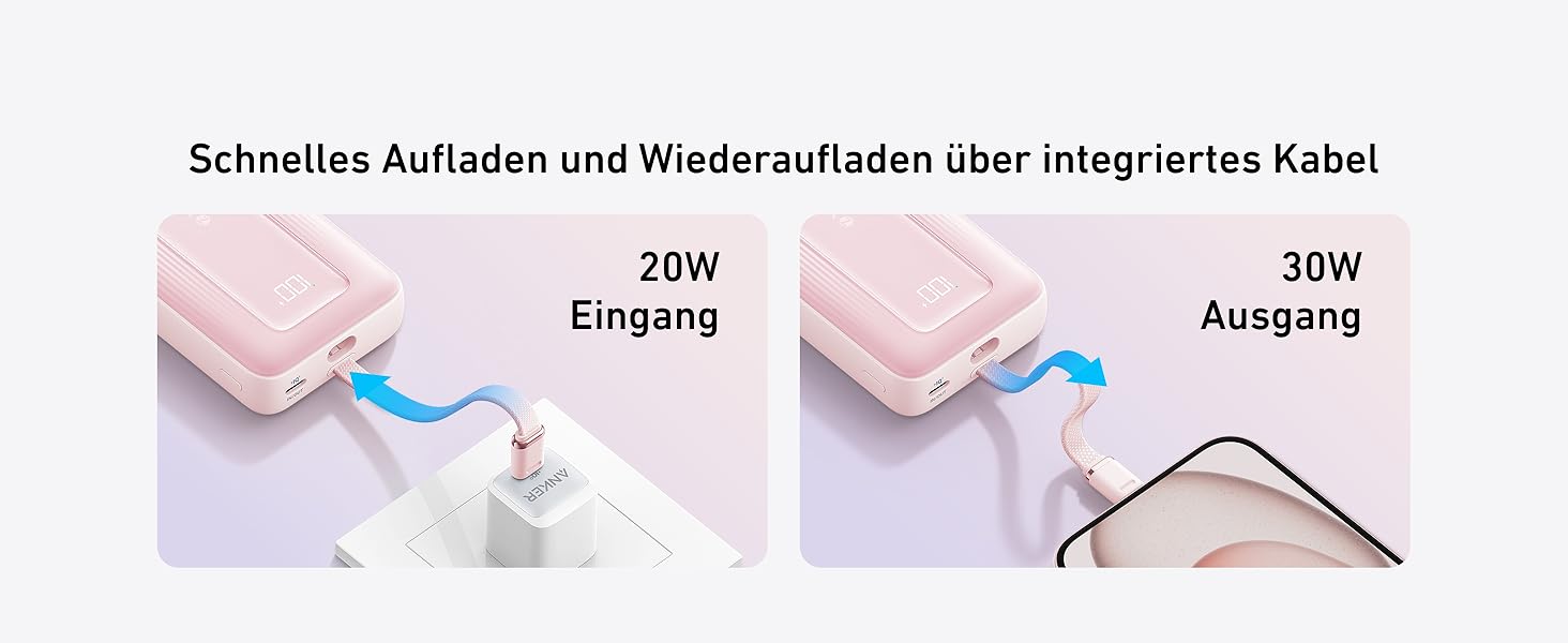 МАг 30 Вт з вбудованим кабелем USB-C, високошвидкісний портативний зарядний пристрій, 1 USB-C, 1 USB-A, акумуляторний блок для iPhone 15/15 Pro/15 Pro Max/15 Plus, MacBook, Galaxy та інших 20000 мАг, 20 000