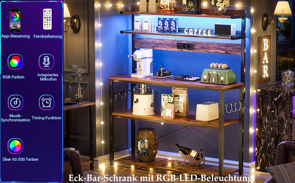 Кухонна полиця-стійка з розеткою, підставка для мікрохвильовки, 5-ярусна кавобар з LED-підсвічуванням, полиця для спецій, каструль та сковорідки, коричнева, 80 см