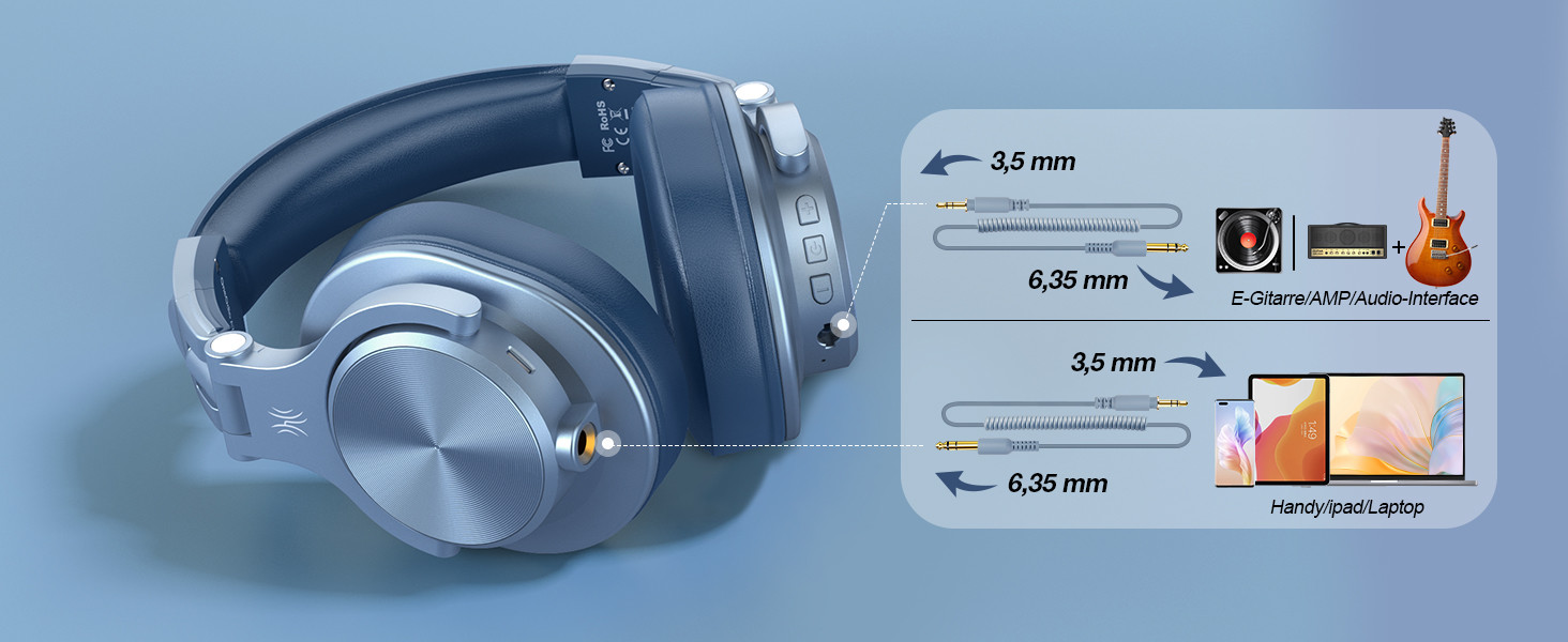 Накладні навушники OneOdio Bluetooth, 72h HiFi, бездротові, роз'єм 6,35 мм і 3,5 мм, небесно-блакитний