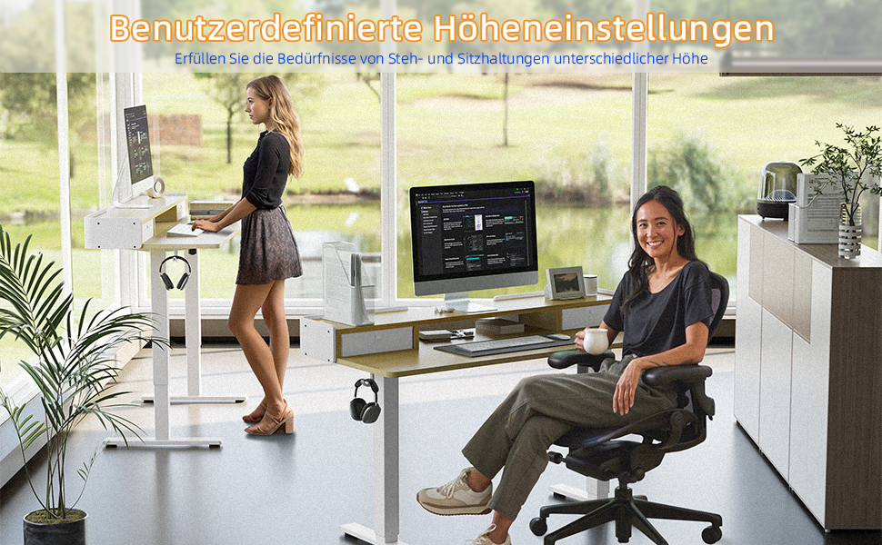 Електричний стіл YIHAYO з висувними ящиками та підставкою для монітора 120x60 см, регулювання висоти, пам'ять, Natural White, Natural поверхня