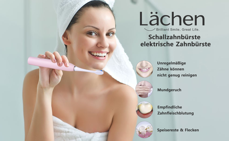 Електрична зубна щітка Lächen Sonic з 4 насадки, таймер, 3 режими та 3 інтенсивності, дорожній футляр (C-рожевий)