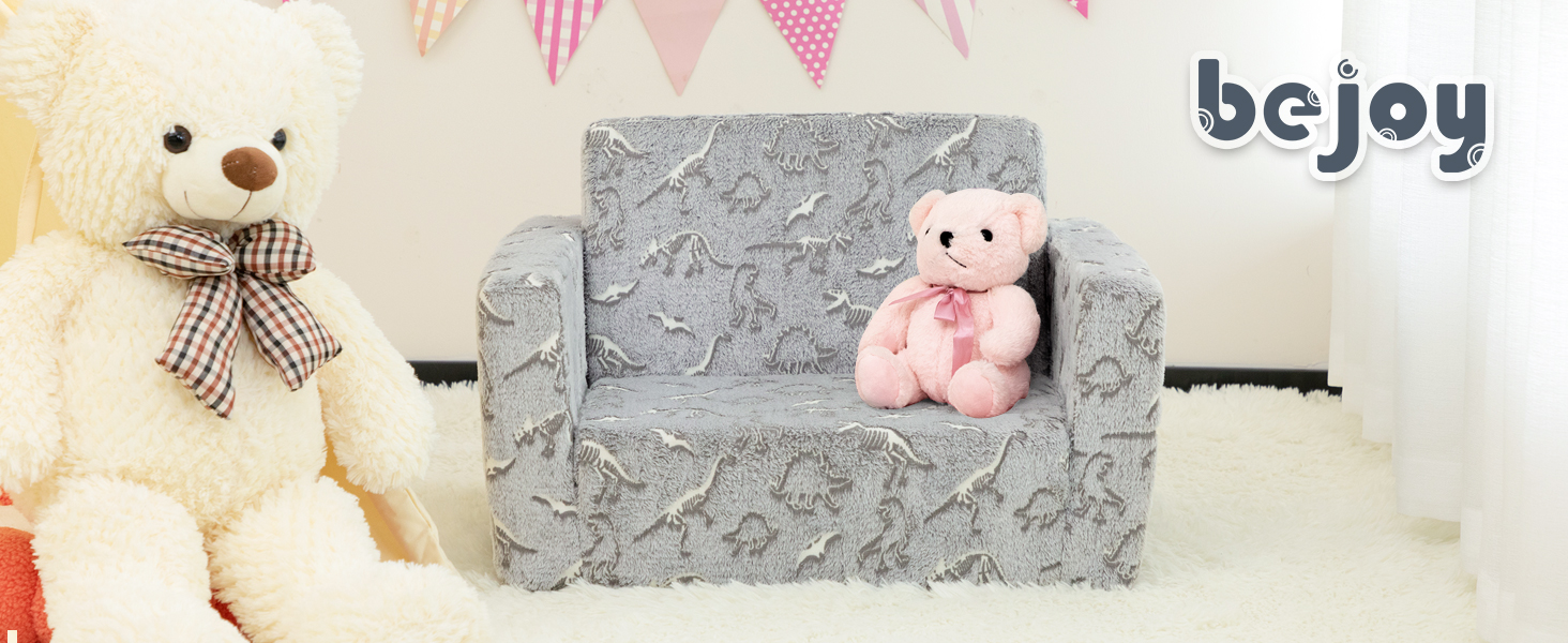 Дитяче диван-ліжко BEJOY 2 в 1 з розкладним механізмом, м'яке крісло, дитячий диван з Sherpa тканини, сірий з динозаврами, ідеальний подарунок для дівчаток та хлопчиків