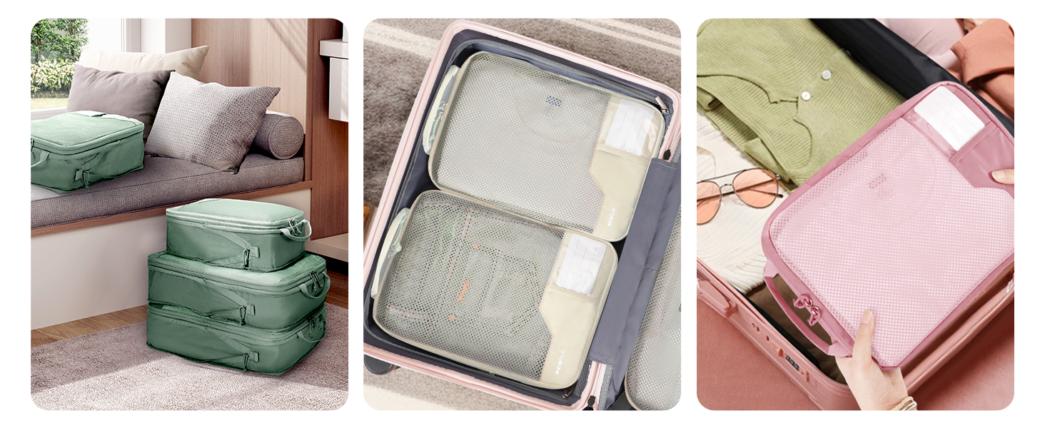 Набір компресійних органайзерів для валізи та рюкзака ECOHUB, 4 предмети, еко-серія з сіткою та бирками, зелений