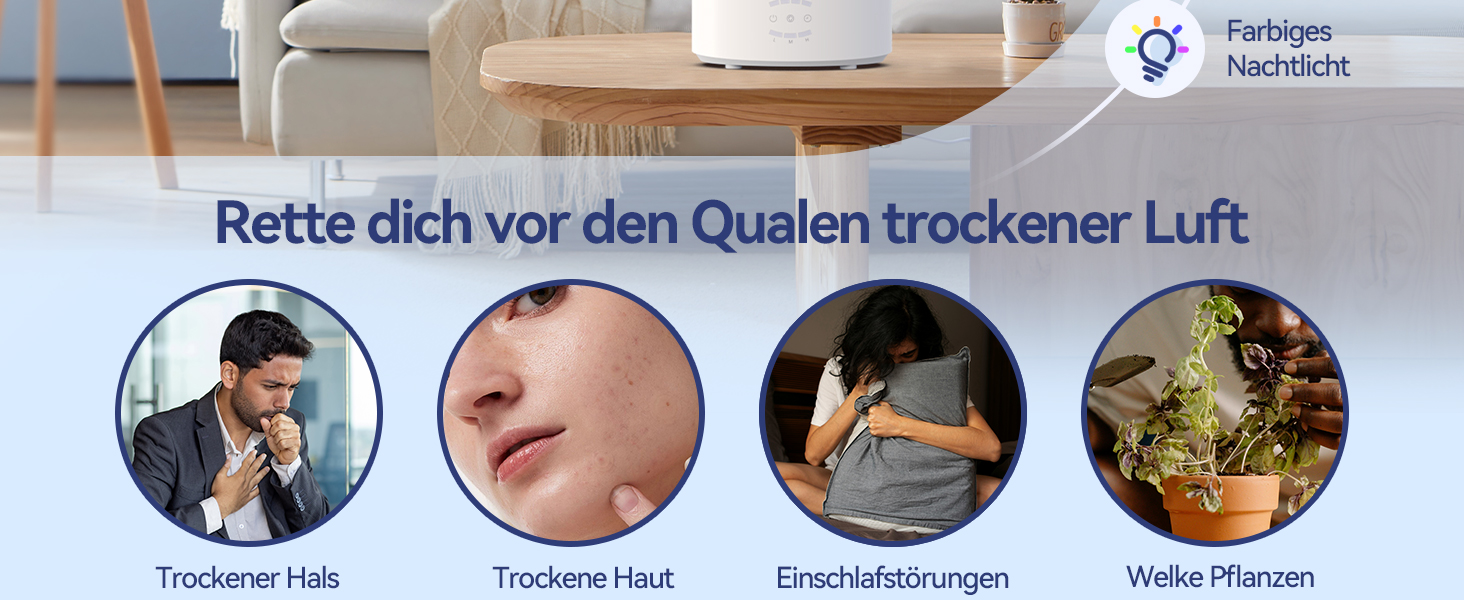 Зволожувач повітря Raydrop для спальні 3л, ультразвуковий, холодний пар, для великих приміщень, з LED підсвіткою, таймером та автовимкненням