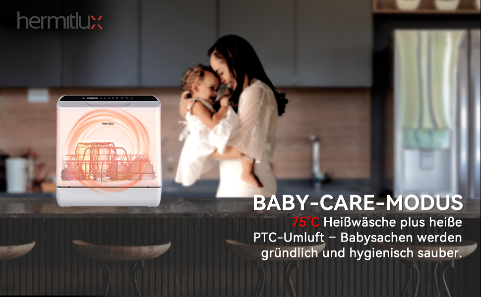 Компактна посудомийна машина Hermitlux Mini на 5 комплектів посуду (5л бак), 6 програм миття, 360° розпилювачі, функція сушіння, енергоклас D, без встановлення, скляні/суцільні дверцята