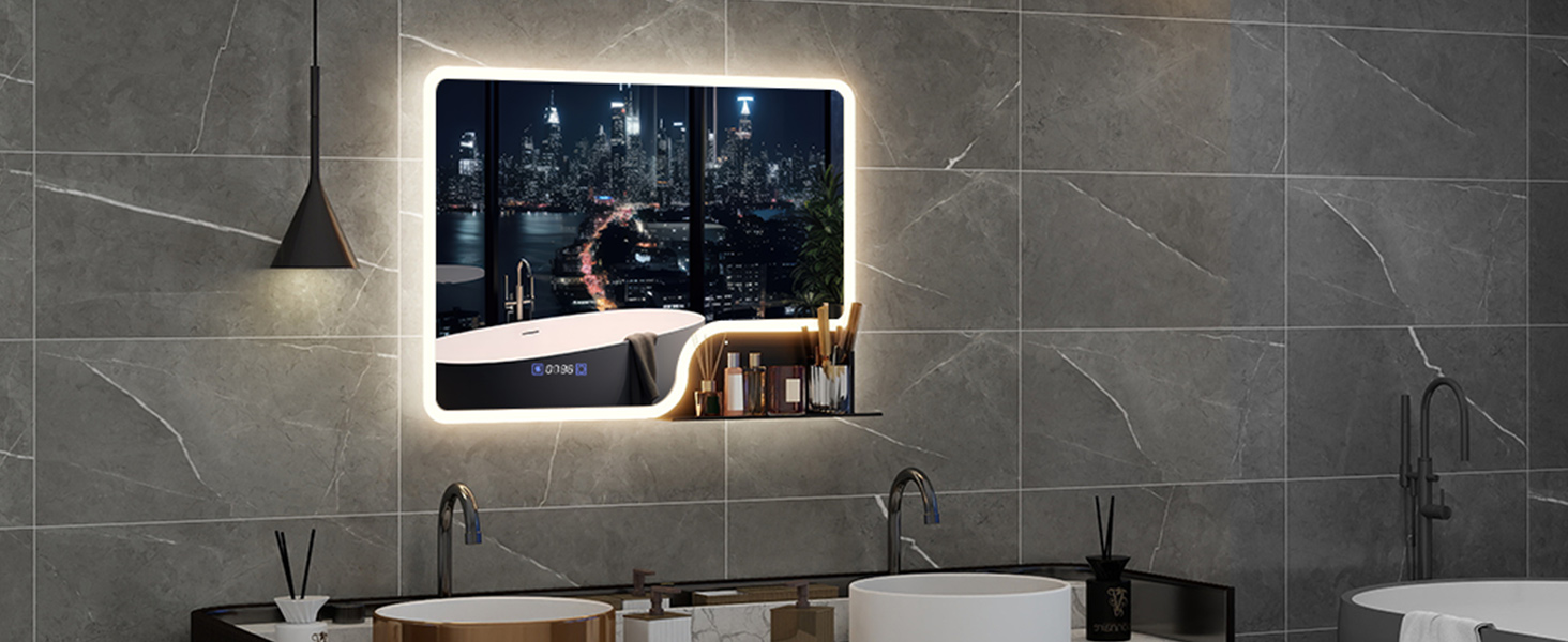 Дзеркало для ванної кімнати YOURLITE з LED-підсвічуванням 100x60 см, сенсорне керування, годинник, антизапар, 3 кольори світла, регулювання яскравості, без запотівання, функція пам'яті, білий