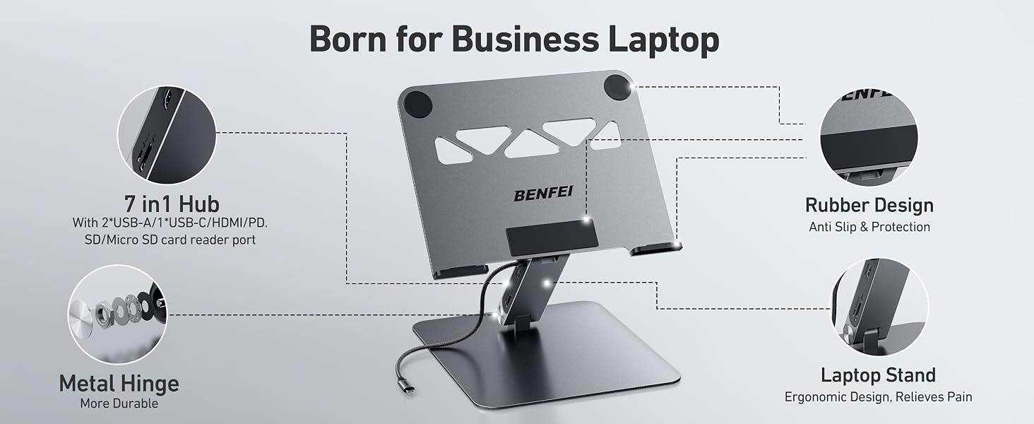 Підставка для ноутбука BENFEI з док-станцією 7-в-1 USB-C: HDMI 4K@60Hz, SD/MicroSD, Power Delivery 100W, USB 3.2 10Gbps для MacBook Pro/Air, iPad Pro, XPS, ThinkPad