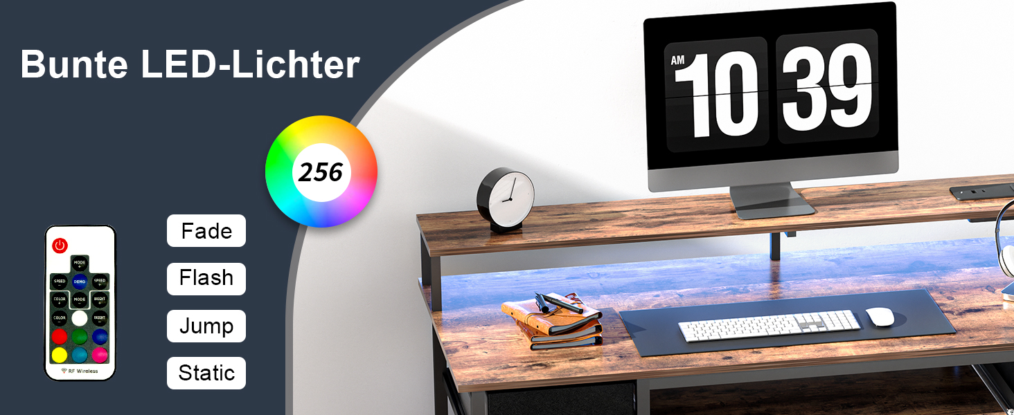 Ігровий стіл BEXEVUE з розетками та LED-підсвіткою 120x50 см - сучасний комп'ютерний стіл з підставкою для клавіатури, 4 висувні ящики, велика полиця для навчання, ігор та роботи. Колір: коричневий