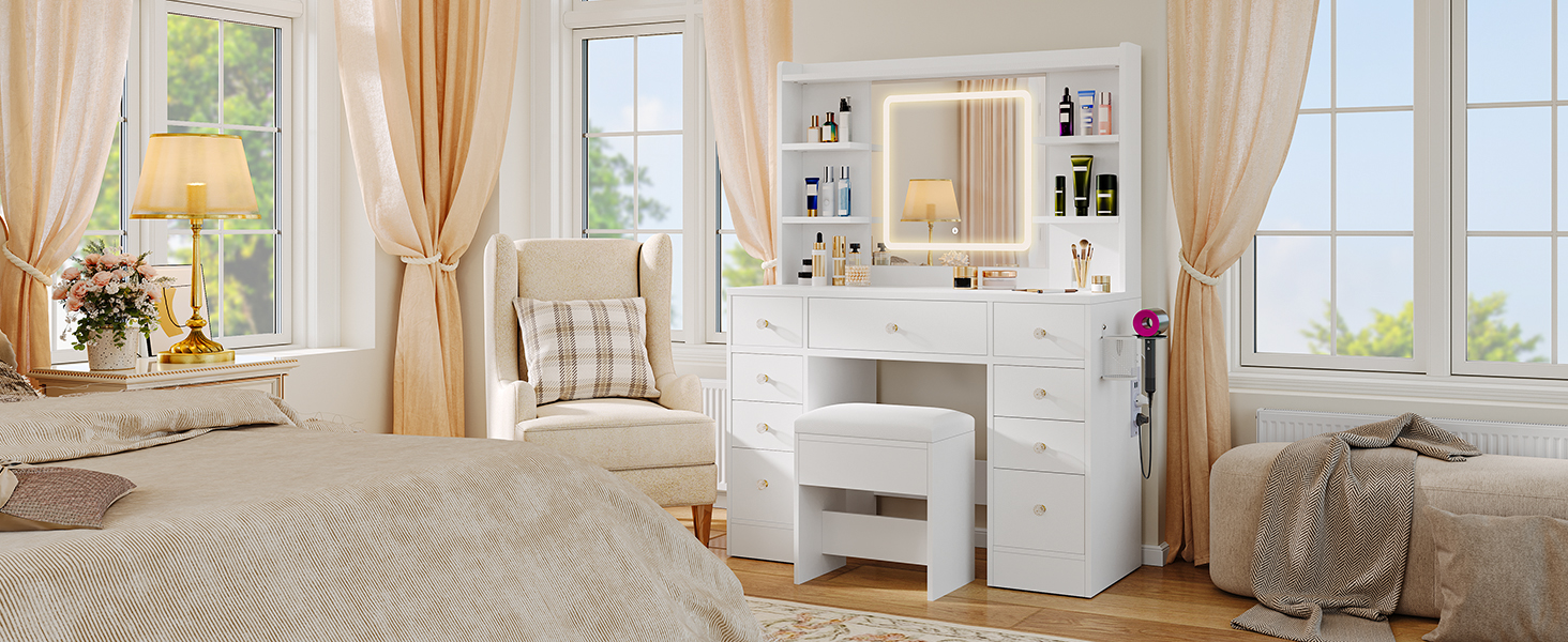 Туалетний столик YITAHOME з підсвічуванням та дзеркалом, з пуфом, 4 шухляди, відкриті полиці, чорний (білий, 9 шухляд)