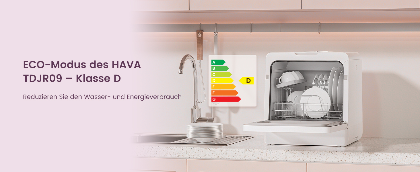 Посудомийна машина HAVA для столу з пом'якшувачем води та підвищеною енергоефективністю, 8 програм миття, блокування від дітей та відкладений старт, не потребує встановлення - ніжний лавандовий колір, TDJR09