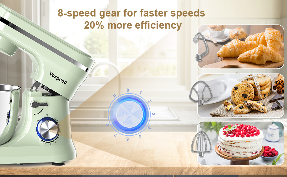 Планетарний міксер Vospeed 1000W, кухонна машина з чашею з нержавіючої сталі 5л, 8 швидкостей, набір насадок (гак, вінчик, міксер), антиковзаючий дизайн