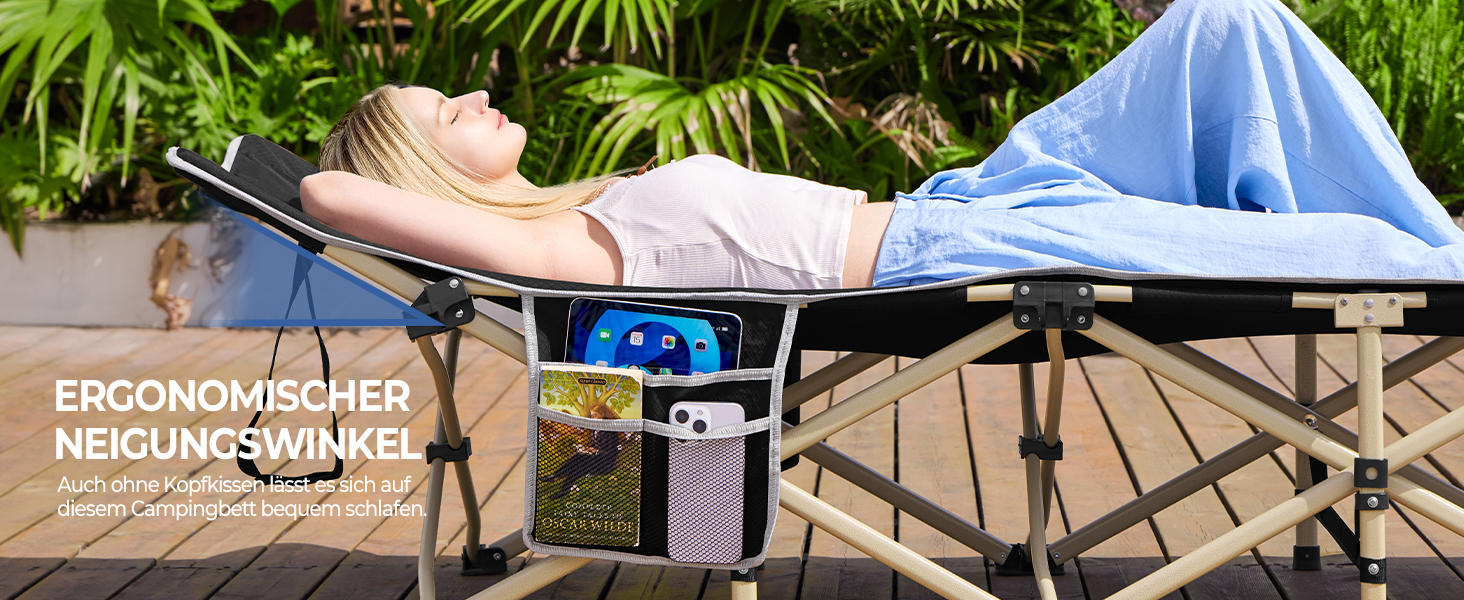 Розкладне ліжко для кемпінгу Yaheetech, похідна шезлонг-ліжка з кишенею та сумкою для транспортування, витримує до 150 кг, чорне