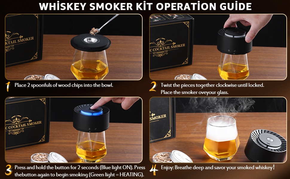 Електричний набір для копчення віскі з LED-підсвічуванням, 6 ароматів деревини, без бутану, перезаряджається, вінтажний, барний аксесуар, подарунок для чоловіків, батька, чоловіка