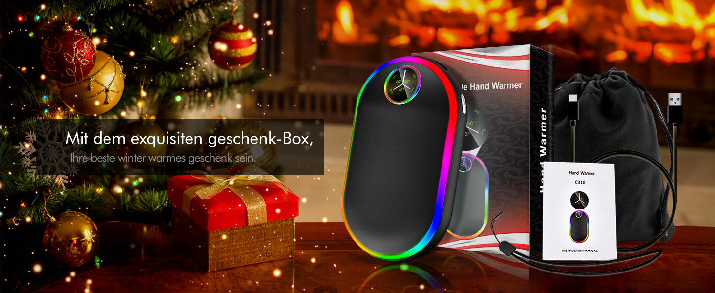 Електричний підігрівач для рук 10000mAh з підсвічуванням (7 кольорів), перезаряджуваний, портативний, чорний - ідеальний зимовий подарунок для чоловіків та жінок
