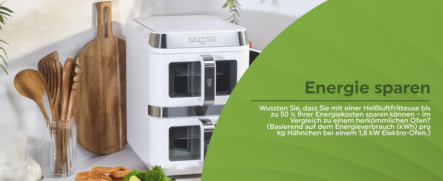 Аерофритюрниця Salter VertiCook View 9л: двокамерна з вертикальним дизайном, 12 програм, Sync & Match, 4 рівні приготування, без PFAS, біла