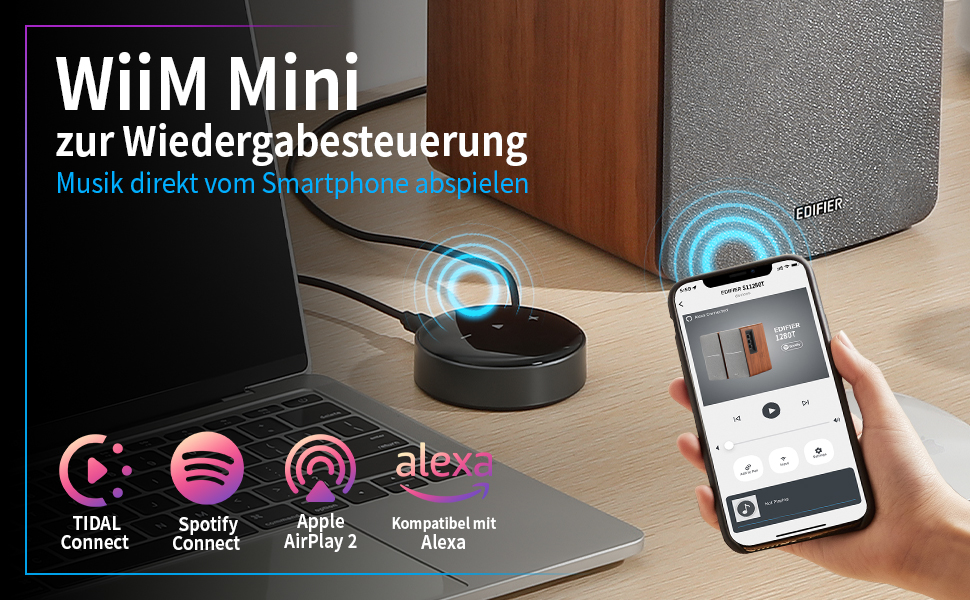 Активні WiFi-колонки Edifier R1280T+WiiM Mini, 42 Вт, Multiroom, Bluetooth, Hi-Res Audio 24Bit/96kHz, DSP, оптичний вхід, пульт, дерево