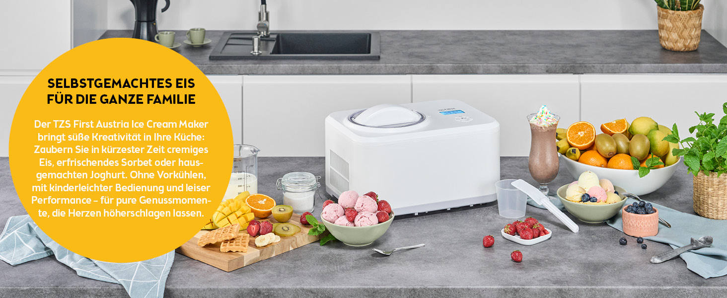 Електрична машина для приготування морозива TZS First Austria 1L з компресором 3 в 1 - для морозива, сорбету та замороженого йогурту. Включає мірний стакан та шпатель.