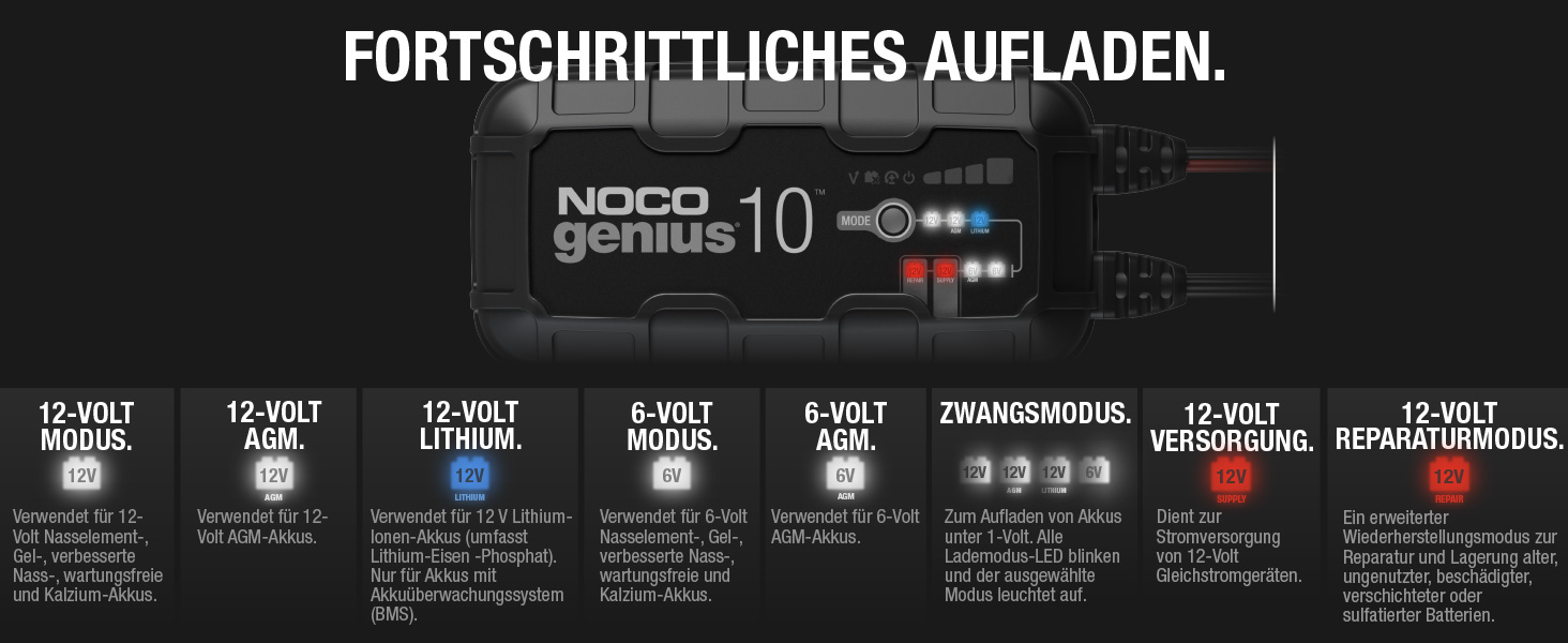 NOCO GENIUS10: Інтелектуальне зарядне пристрій для акумуляторів 6V/12V - Автоматичний підтримуючий заряд, сульфатор, захист від перевантаження, температурна компенсація - Для свинцево-кислотних та літієвих акумуляторів