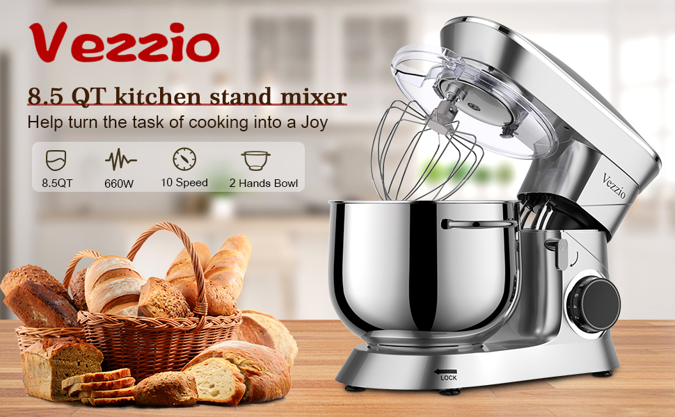 Кухонна машина Vezzio 1500W з чашею 8.5L з нержавіючої сталі: міксер, тістоміс, планетарний міксер для дому