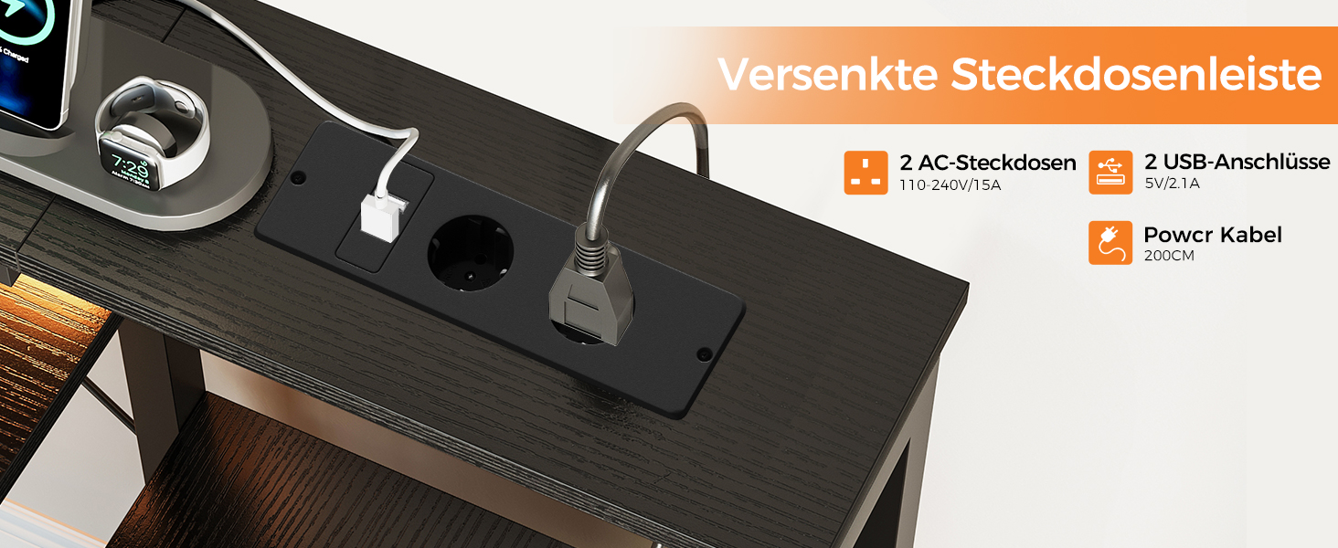 Ігровий стіл Coleshome з LED підсвічуванням, стіл для дому та офісу з ящиками з тканини, комп'ютерний стіл з 2 розетками та 2 USB-портами, стіл для геймінгу з підставкою для монітора, білий (140x48 см, чорний)