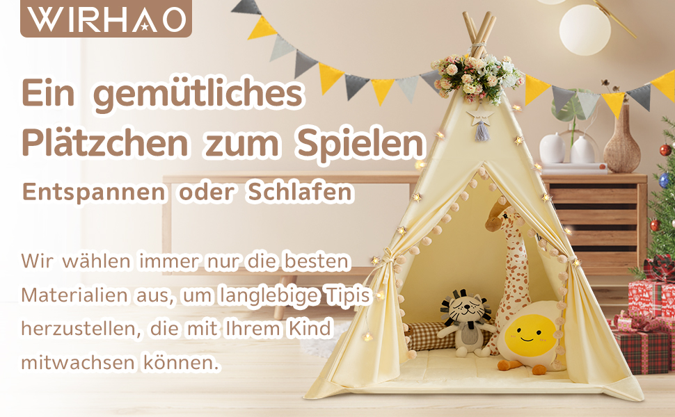 Дитяче намет Tipi з м'якою матрацом, бавовна, канвас. Намет Tipi для дітей з гірляндою зірочок, сумкою, прапорцем (білий)