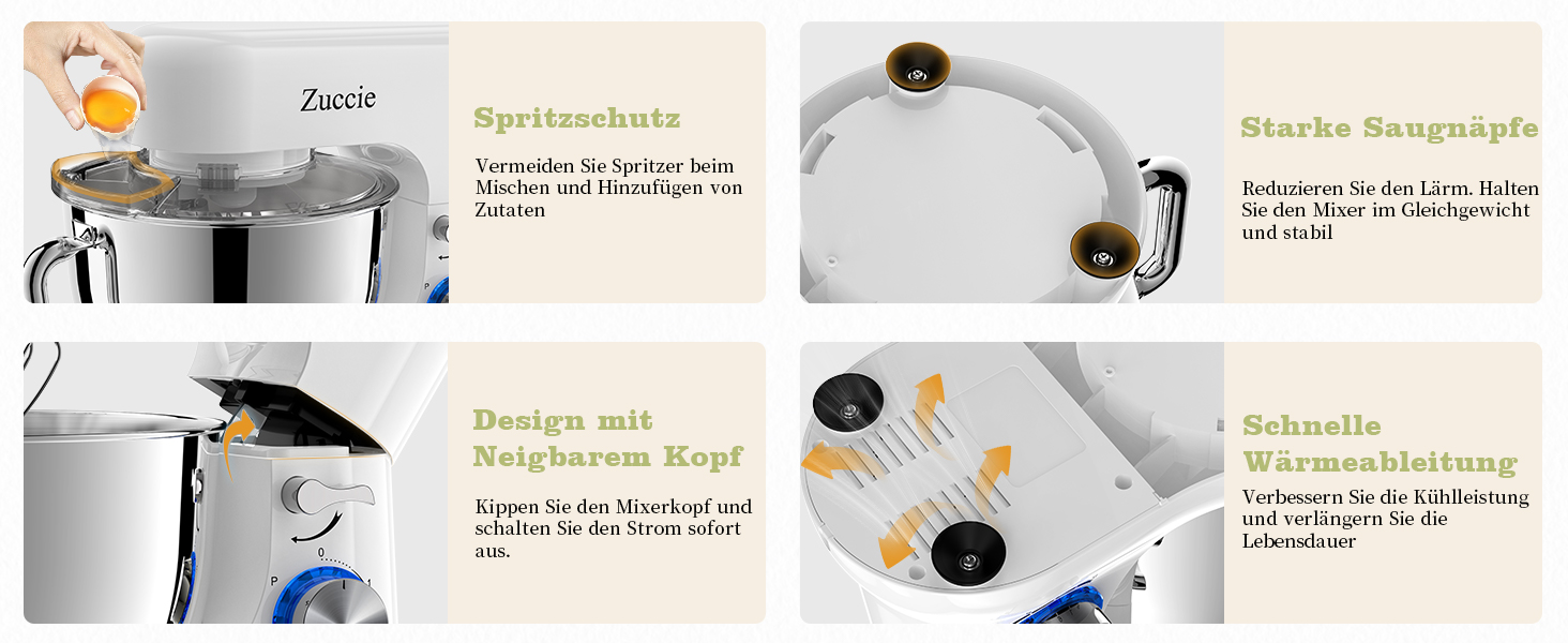 Кухонна машина Zuccie з тихою роботою, місткістю 5л, з нержавіючою чашею, 3 насадки, сплітц-захист, скребок для тіста та роздільник яєць, 8+ швидкостей.