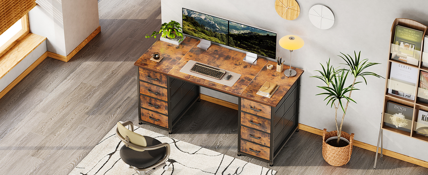 Письмовий стіл Coleshome з 8 тканинними шухлядами, 140x48 см, коричневий - комп'ютерний стіл для офісу, дому, робочого кабінету