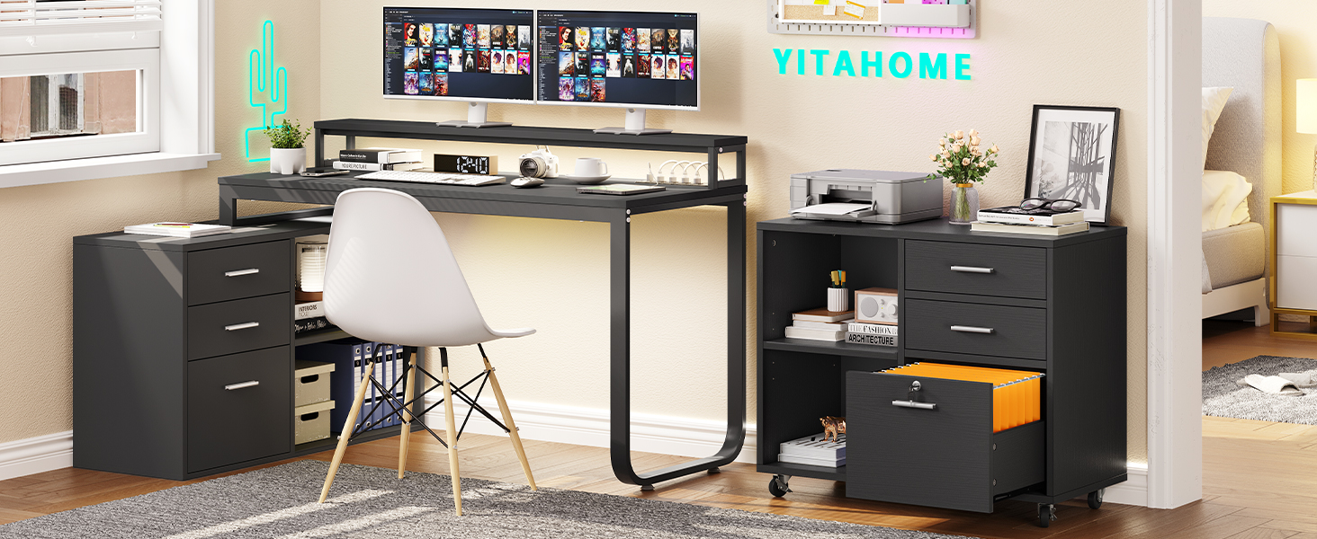 Шафа для документів YITAHOME на 3 висувні ящики, роликова шафа для дому/офісу, дерев'яний шафа для зберігання A4, документів формату Letter, стіл для принтера з відкритими полицями, замок та ролики, чорний