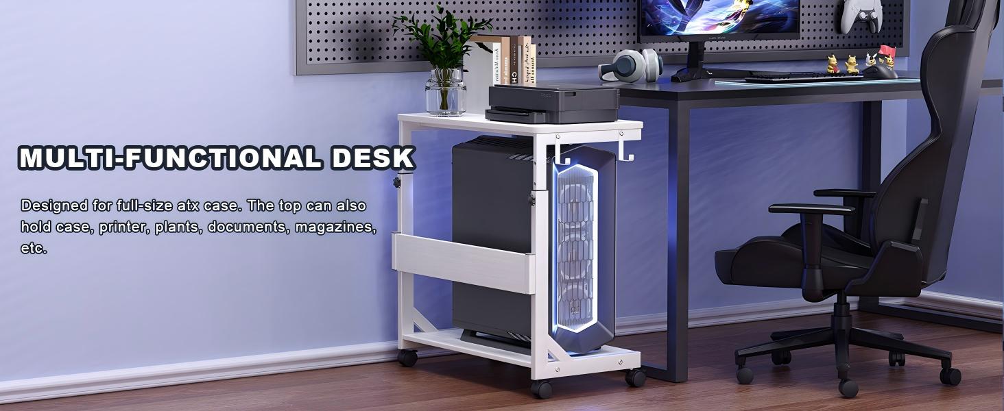 Регульована підставка для комп'ютерного блоку з 2 полицями та місцем для зберігання - для корпусів ATX, принтерів, з фіксуючими колесами (білий, 64 x 64 x 59-84,5 см)