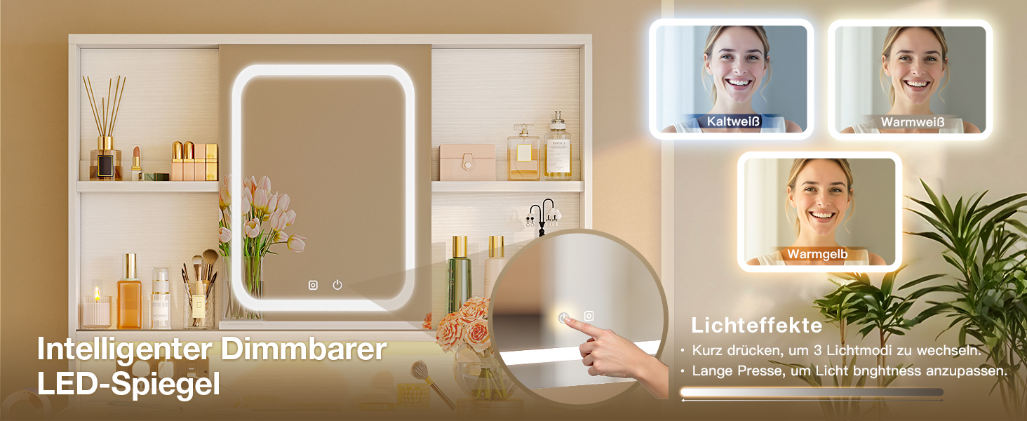 Дзеркальний туалетний столик ODK з регульованим LED-дзеркалом, USB-роз'ємами та RGB-підсвіткою, 5 висувними ящиками та 3 полицями, білий, 90×40×139 см