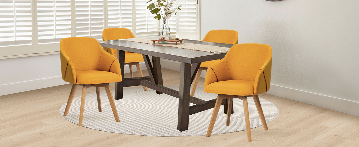 Обідальні стільці Bekrvio (2 шт) з обертанням та підлокітниками – 360° для їдальні, стільці до обіднього столу, обертаються, з м'яким сидінням, з дерев'яними ніжками з масиву бука, жовті, з тканини льон