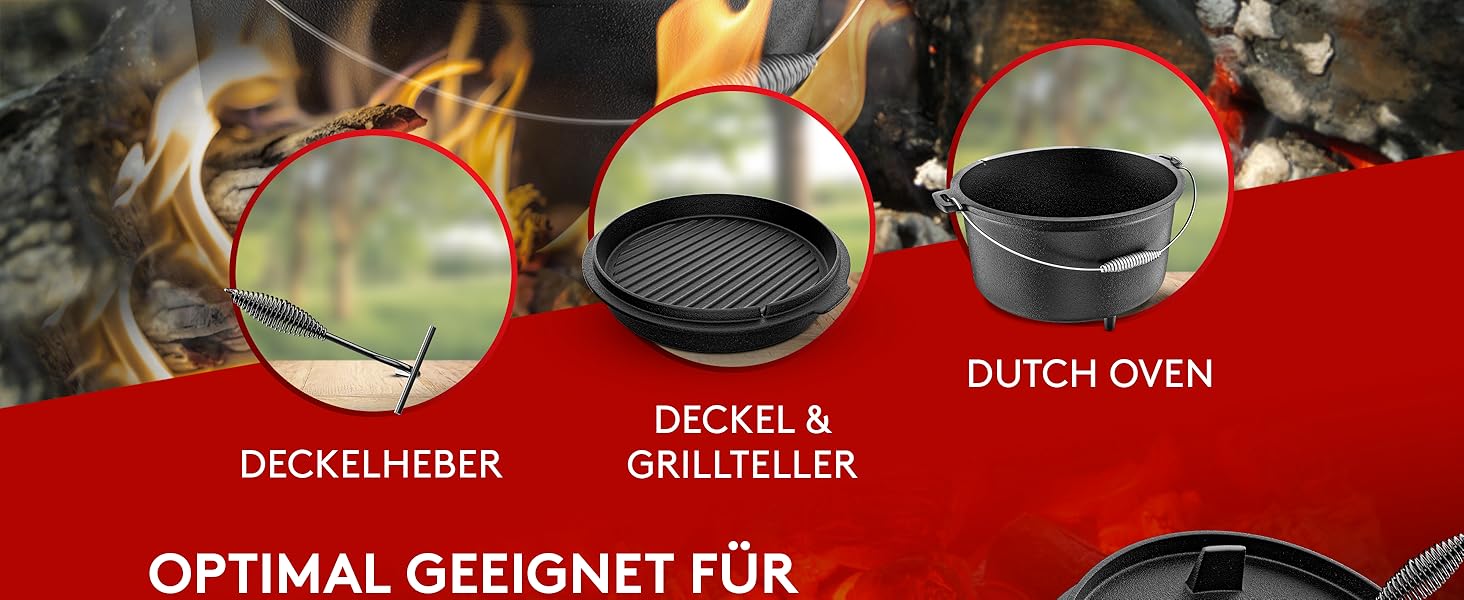 Набір чавунного казана BBQ Dutch Oven [Das Original] на 10,8 л з підставкою та кришкою-гриль на 2,2 л, підйомником та e-book
