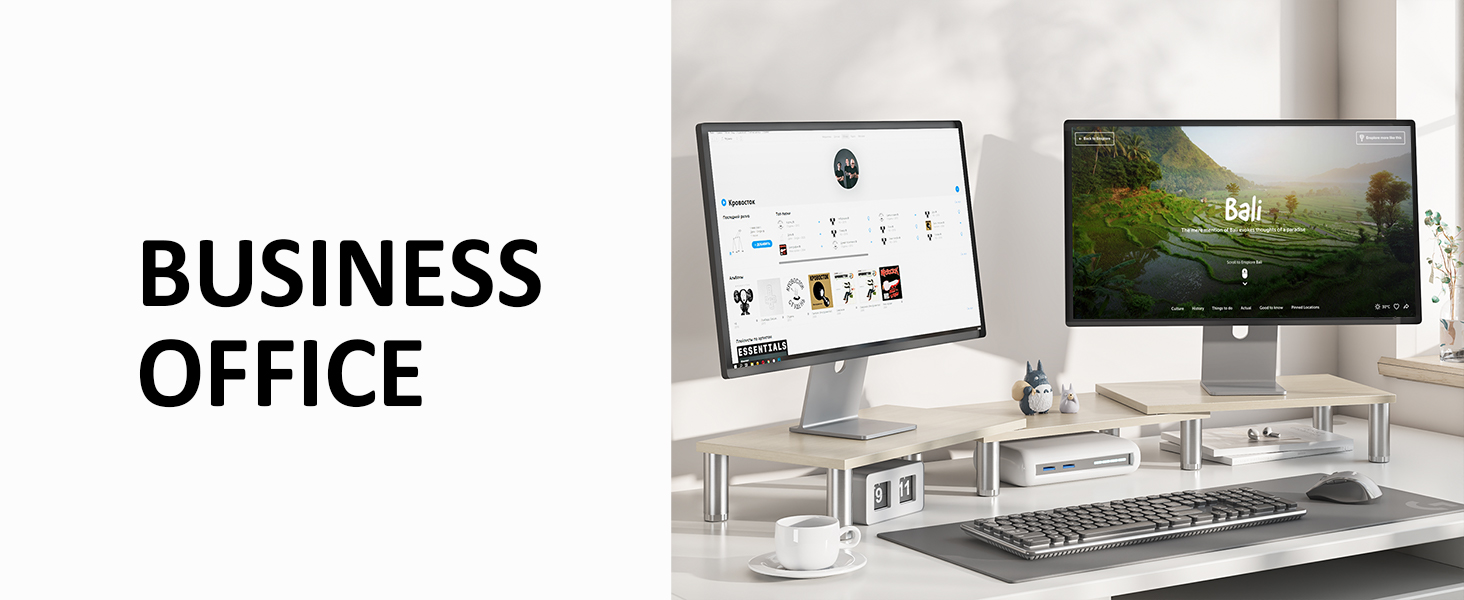 Підставка для двох моніторів AX Waber Dual Monitor Riser, регульована довжина та кут нахилу, дерев'яна підставка з місцем для зберігання, біла