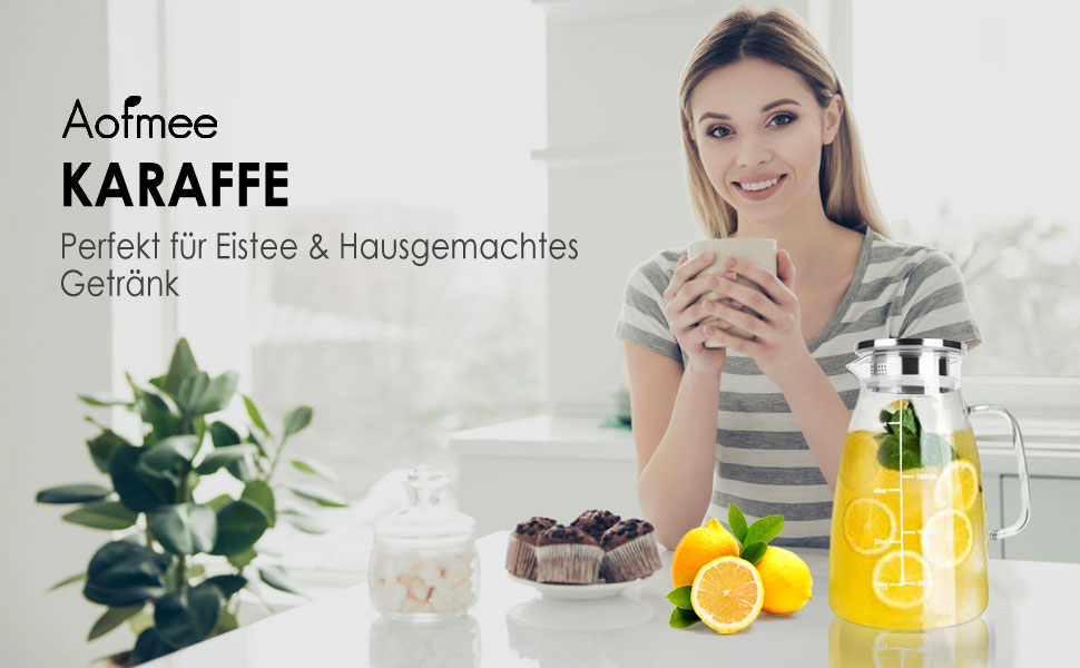 Скляна карафа Aofmee 2 літри з кришкою, для води, соку, айс-ті, 2L